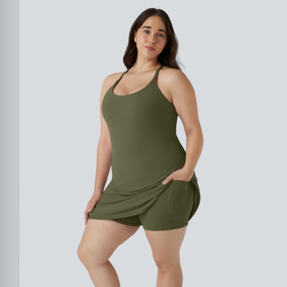 Halara Easy Peasy Olive Green Athletic Dress with Built-in Shorts - Picture 1 of 13